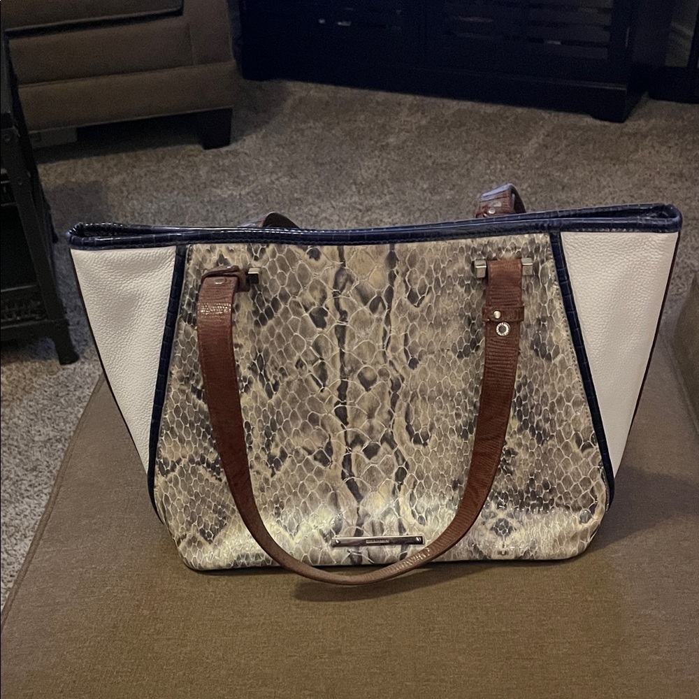 Brahmin Snakeskin and Grey and Brown Tote Bag with Deep Blue Trim and Accents